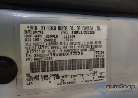 1992 Mercury Grand Marquis Ls from USA, damaged, VIN 2MECM75W0NX677225